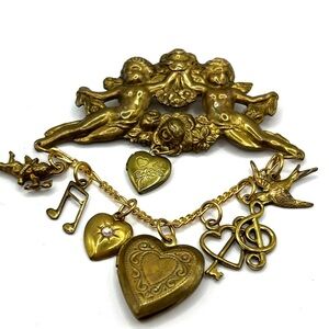 Charming Gold Brass Cherub Babies Angel Brooch with Heart Charms Locket Brooch